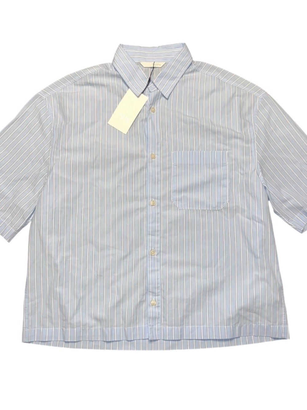 Zara Blue Striped Short Sleeve Button Up Collared Shirt Pocket NWT Medium